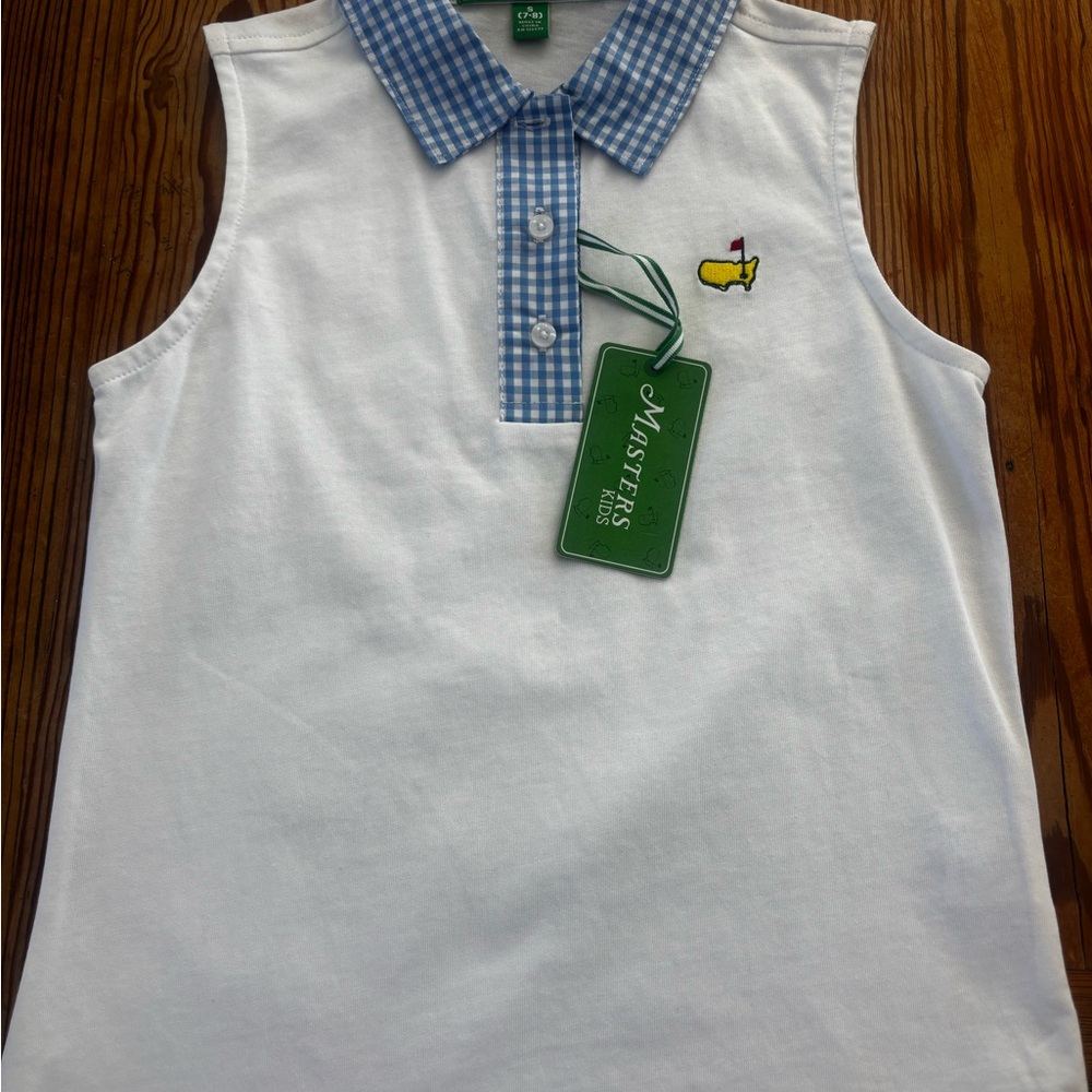 Masters Golf White Sleeveless Polo with Blue Checkered Collar